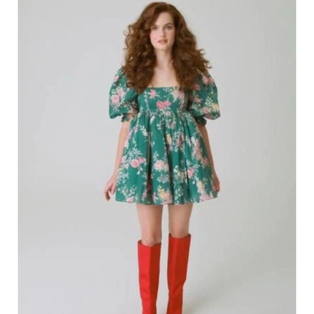 SELKIE Sz XS Green Gables Cottage Puff Dress Floral Mini Cotton
